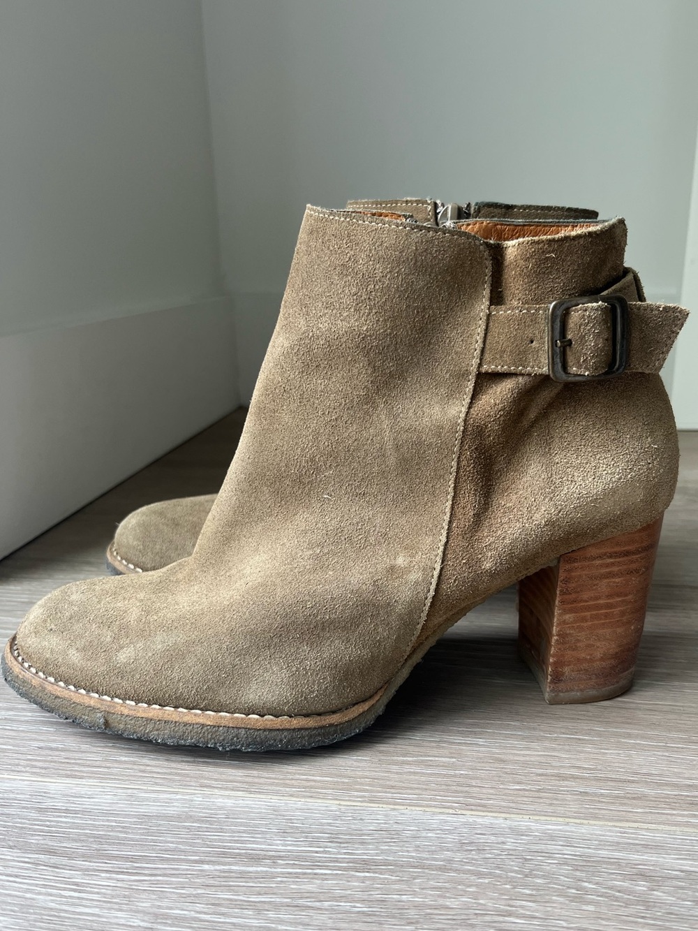 Suede Ankle Bootie with Buckle - Taupe
